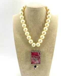 Chunky Pearl Necklace Pink Paisley Faith Hope Love Rhinestone Charm Pendant 16"